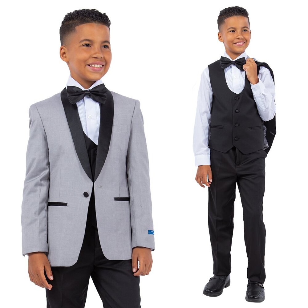 Perry Ellis Boys Light Gray Tuxedo Set, Solid 5-Piece Black Shawl Collar